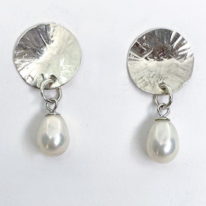 Hammered Petal Round Disc Earrings with White Pearls by Chi's Creations at The Avenue Gallery, a contemporary fine art gallery in Victoria, BC, Canada.