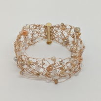 Gold-Fill Rose Gold Crochet Bracelet with Freshwater Pearls & Swarovski Crystals by Veronica Stewart at The Avenue Gallery, a contemporary fine art gallery in Victoria, BC, Canada.