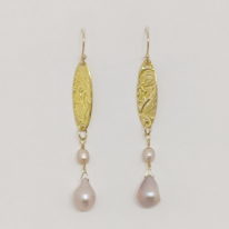 22kt. Gold Earrings with Pink Freshwater Pearls by Veronica Stewart at The Avenue Gallery, a contemporary fine art gallery in Victoria, BC, Canada.