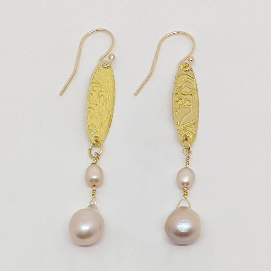 22kt. Gold Earrings with Pink Freshwater Pearls by Veronica Stewart at The Avenue Gallery, a contemporary fine art gallery in Victoria, BC, Canada.