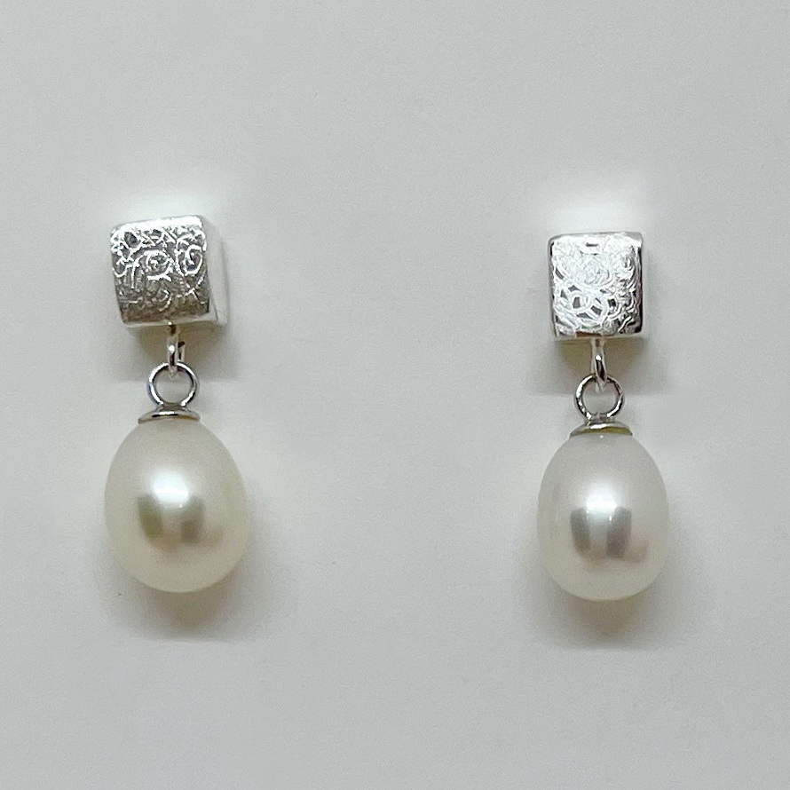Scribbled Square Cub Stud Earrings with White Pearl Dangles by Chi's Creations at The Avenue Gallery, a contemporary fine art gallery in Victoria, BC, Canada.