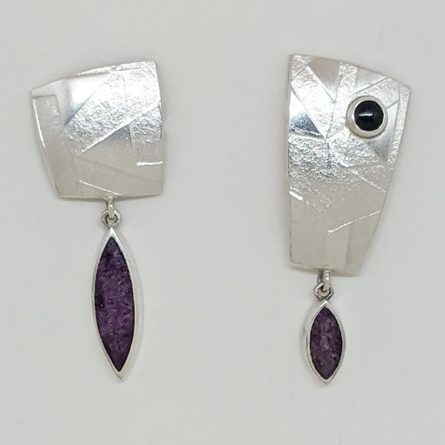 Textured Silver, Stichtite & Black Onyx Earrings by Brenda Roy at The Avenue Gallery, a contemporary fine art gallery in Victoria, BC, Canada.