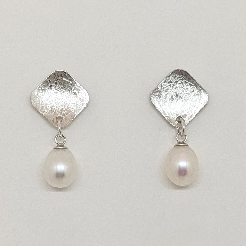 Balanced Scribbled Square Stud Earrings with Dangle White Pearls by Chi's Creations at The Avenue Gallery, a contemporary fine art gallery in Victoria, BC, Canada.