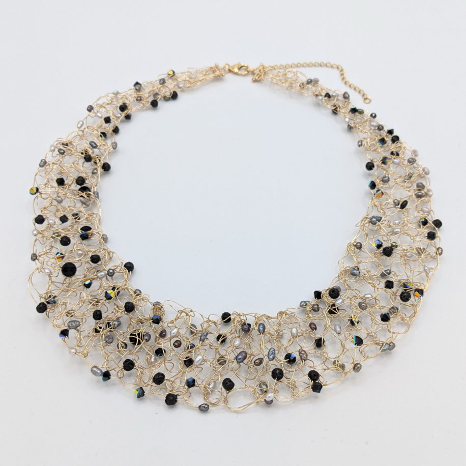 Crocheted Gold-Fill Collar with Pearls & Black Swarovski Crystals by Veronica Stewart at The Avenue Gallery, a contemporary fine art gallery in Victoria, BC, Canada.