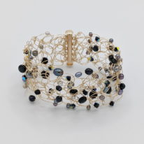 Crocheted Gold-Fill Cuff with Pearls & Black Swarovski Crystals by Veronica Stewart at The Avenue Gallery, a contemporary fine art gallery in Victoria, BC, Canada.