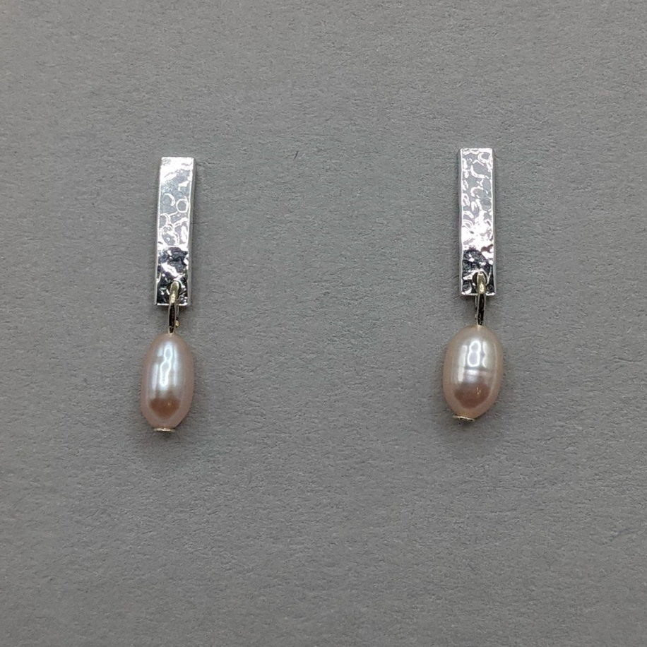 Hammered Bar Earrings with Pink Pearls by A & R Jewellery at The Avenue Gallery, a contemporary fine art gallery in Victoria, BC, Canada.