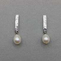 Lace Texture Bar Earrings with White Pearls by A & R Jewellery at The Avenue Gallery, a contemporary fine art gallery in Victoria, BC, Canada.