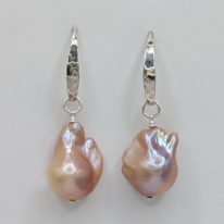 Peach Baroque Freshwater Pearl Earrings with Hammered Sterling Silver Wires by Val Nunns at The Avenue Gallery, a contemporary fine art gallery in Victoria, BC, Canada.