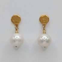 White Freshwater Pearl Earrings with Heavy 24kt. Yellow Gold Plated Sterling Silver Wires by Val Nunns at The Avenue Gallery, a contemporary fine art gallery in Victoria, BC, Canada.