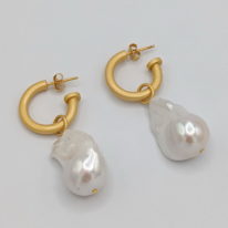 Large White Baroque Pearls on Yellow Gold Plated Hoop Earrings by Val Nunns at The Avenue Gallery, a contemporary fine art gallery in Victoria, BC, Canada.