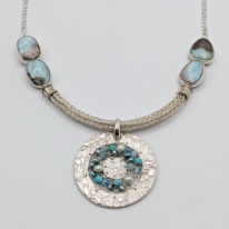 Viking Knit Necklace with Opals, Pearls, Turquoise & Swarovski Crystals by Veronica Stewart at The Avenue Gallery, a contemporary fine art gallery in Victoria, BC, Canada.