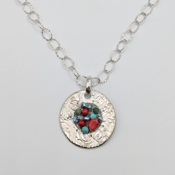 Textured Pendant with Coral, Turquoise & Pearls by Veronica Stewart at The Avenue Gallery, a contemporary fine art gallery in Victoria, BC, Canada.