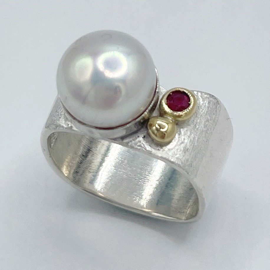Large Square Scribbled Ring with Mabe Pearl & Ruby by Chi's Creations at The Avenue Gallery, a contemporary fine art gallery in Victoria, BC, Canada.