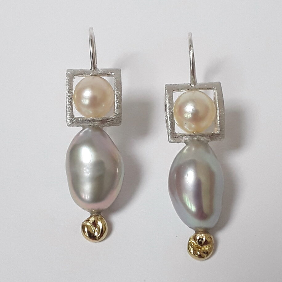 White Saltwater & Grey Freshwater Pearl Earrings by Andrea Roberts at The Avenue Gallery, a contemporary fine art gallery in Victoria, BC, Canada.