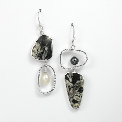 Pinolith, Pearl, & Hematite Earrings by Brenda Roy at The Avenue Gallery, a contemporary art gallery in Victoria, BC, Canada.