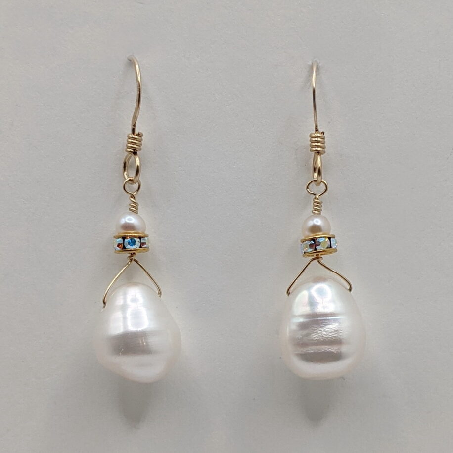 Gold-Fill Earrings with White Pearls & Swarovski Crystals by Veronica Stewart at The Avenue Gallery, a contemporary fine art gallery in Victoria, BC, Canada.