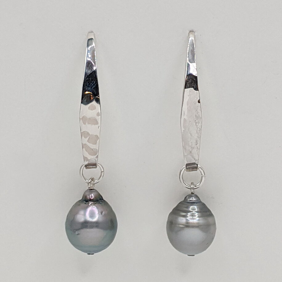 Small Tahitian Pearl Earrings on Hammered Sterling Silver by Val Nunns at The Avenue Gallery, a contemporary fine art gallery in Victoria, BC, Canada.