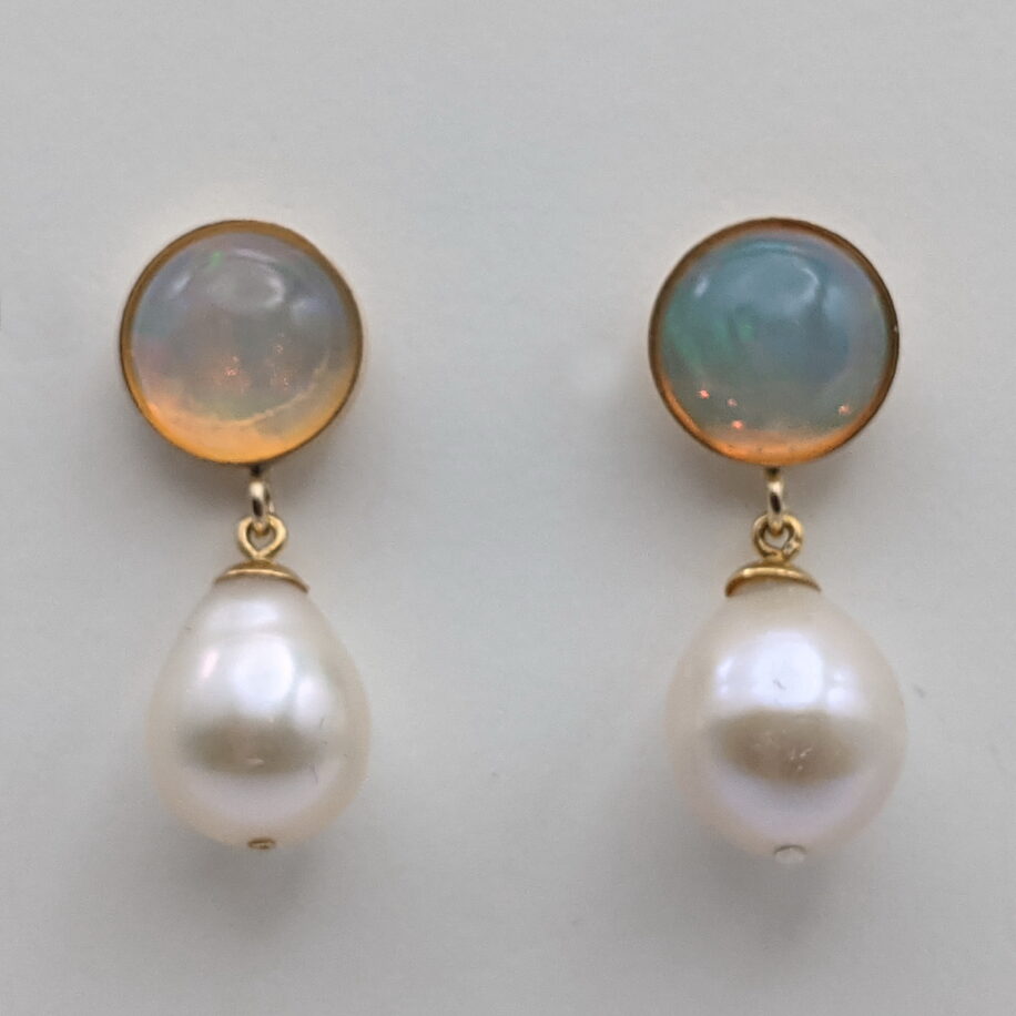 Ethiopian Opal Earrings with Freshwater Pearls by Val Nunns at The Avenue Gallery, a contemporary fine art gallery in Victoria, BC, Canada.
