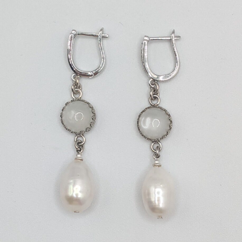 Moonstone Earrings in Filigree setting with Freshwater Pearls by Val Nunns at The Avenue Gallery, a contemporary fine art gallery in Victoria, BC, Canada.