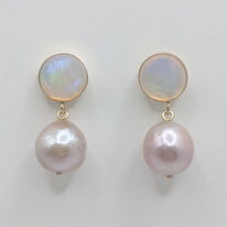 Ethiopian Opal Earrings set in Yellow Gold Plate Mounting with Edison Pearls by Val Nunns at The Avenue Gallery, a contemporary fine art gallery in Victoria, BC, Canada.