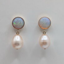Ethiopian Opal Earrings set in Yellow Gold Plate Mounting with Off-white Freshwater Pearls by Val Nunns at The Avenue Gallery, a contemporary fine art gallery in Victoria, BC, Canada.