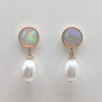 Ethiopian Opal Earrings set in Yellow Gold Plate Mounting with Freshwater Pearls by Val Nunns at The Avenue Gallery, a contemporary fine art gallery in Victoria, BC, Canada.