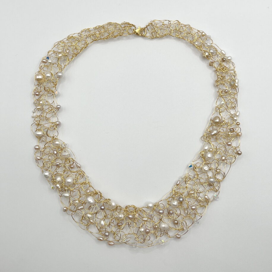 Gold Fill Crochet Collar with Pearls and Swarovski Crystals by Veronica Stewart at The Avenue Gallery, a contemporary fine art gallery in Victoria, BC, Canada.