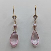 Gold-Fill Earrings with Faceted Rose Quartz by Veronica Stewart at The Avenue Gallery, a contemporary fine art gallery in Victoria, BC, Canada.