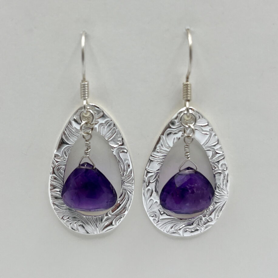 Open Textured Oval Earrings with Amethyst Drops by Veronica Stewart at The Avenue Gallery, a contemporary fine art gallery in Victoria, BC, Canada.