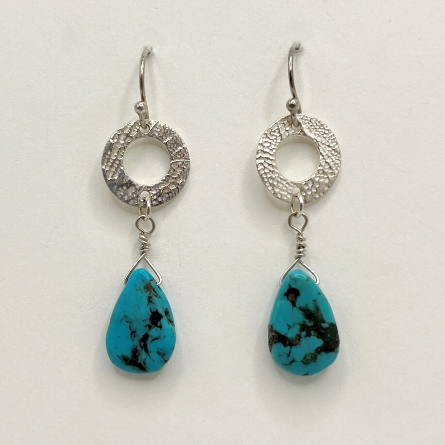 Silver Open Circle Earrings with Turquoise Drops by Veronica Stewart at The Avenue Gallery, a contemporary fine art gallery in Victoria, BC, Canada.