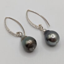 Tahitian Pearl Earrings with Hammered Sterling Silver Wires by Val Nunns at The Avenue Gallery, a contemporary fine art gallery in Victoria, BC, Canada.