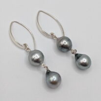 Grey Double Drop Tahitian Pearl Earrings with Sterling Silver Wires by Val Nunns at The Avenue Gallery, a contemporary fine art gallery in Victoria, BC, Canada.