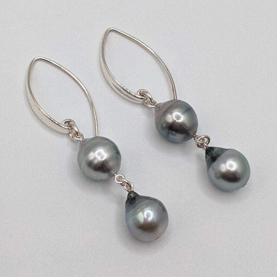 Grey Double Drop Tahitian Pearl Earrings with Sterling Silver Wires by Val Nunns at The Avenue Gallery, a contemporary fine art gallery in Victoria, BC, Canada.