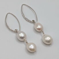 Freshwater Pearl Double Drop Earrings with Long Hammered Sterling Silver Wires by Val Nunns at The Avenue Gallery, a contemporary fine art gallery in Victoria, BC, Canada.
