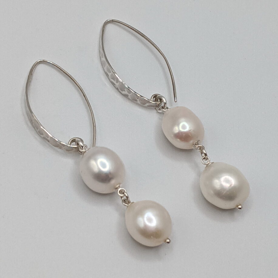 Freshwater Pearl Double Drop Earrings with Long Hammered Sterling Silver Wires by Val Nunns at The Avenue Gallery, a contemporary fine art gallery in Victoria, BC, Canada.