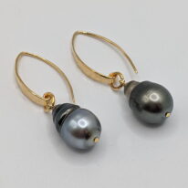 Dark Tahitian Pearl Earrings with Hammered Yellow Gold Plated Wires by Val Nunns at The Avenue Gallery, a contemporary fine art gallery in Victoria, BC, Canada.