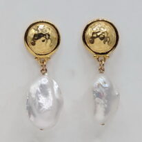 White Baroque Pearl Earrings with Hammered Yellow Gold Plated Button Style Posts by Val Nunns at The Avenue Gallery, a contemporary fine art gallery in Victoria, BC, Canada.