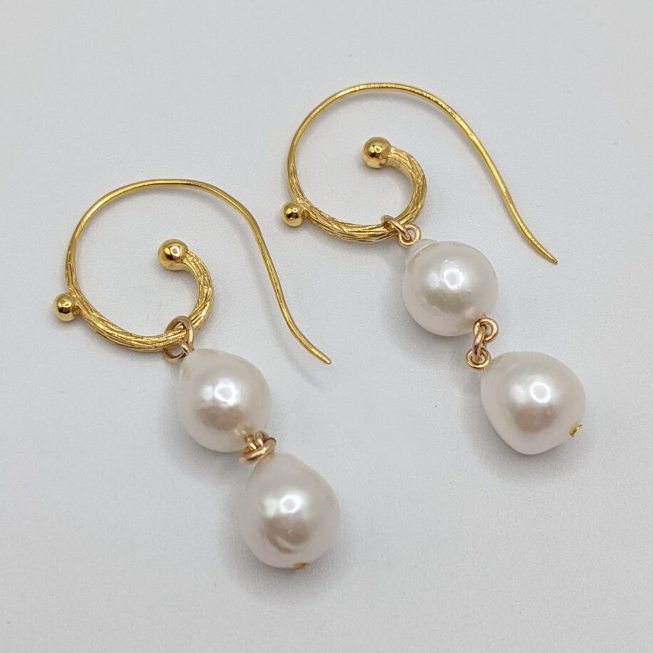 Freshwater Drop Pearl Earrings with Gold Plated Curly Wires by Val Nunns at The Avenue Gallery, a contemporary fine art gallery in Victoria, BC, Canada.