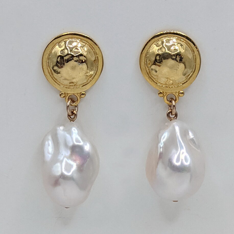 White Baroque Pearl Earrings with Gold-Plated Button Posts by Val Nunns at The Avenue Gallery, a contemporary art gallery, Victoria, BC, Canada.