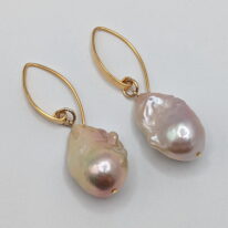 Large Pink Baroque Pearl Earrings with 24kt. Gold-Plated Wires by Val Nunns at The Avenue Gallery, a contemporary fine art gallery in Victoria, BC, Canada.