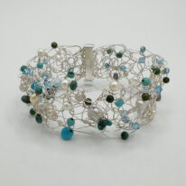 Fine Silver Crocheted Cuff with Turquoise, Blue Swarovski Crystals & Pearls by Veronica Stewart at The Avenue Gallery, a contemporary fine art gallery in Victoria, BC, Canada.