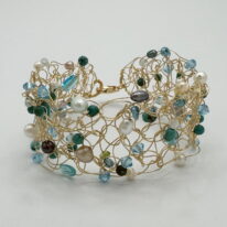 Gold-Fill Crochet Cuff with Turquoise, Blue Swarovski Crystals & Pearls by Veronica Stewart at The Avenue Gallery, a contemporary fine art gallery in Victoria, BC, Canada.