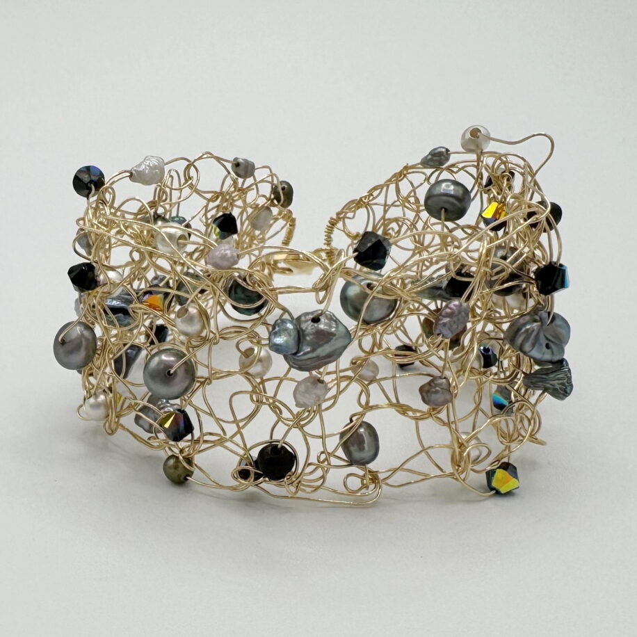 Gold-Fill Crochet Cuff with Black & Silver Beads, Black Swarovski Crystal & Pearls by Veronica Stewart at The Avenue Gallery, a contemporary fine art gallery in Victoria, BC, Canada.