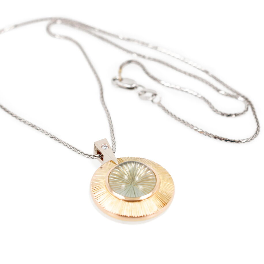 Carved Prasiolite (Green Amethyst) & Diamond Pendant by Bayot Heer at The Avenue Gallery, a contemporary fine art gallery in Victoria, BC, Canada.