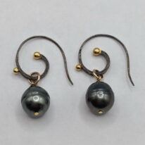 Tahitian Pearl Earrings with Curly Oxidized Silver Wires by Val Nunns at The Avenue Gallery, a contemporary fine art gallery in Victoria, BC, Canada.