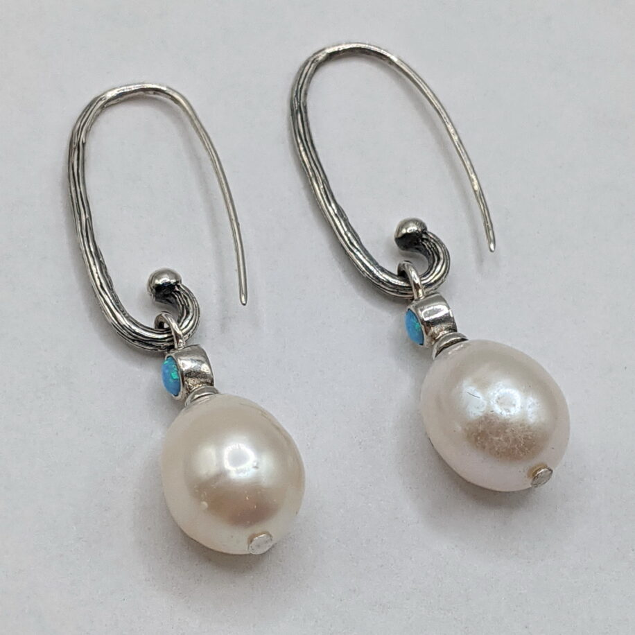 Freshwater Pearl & Blue Opal Earrings with Removable Sterling Silver Wires by Val Nunns at The Avenue Gallery, a contemporary fine art gallery in Victoria, BC, Canada.