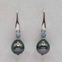 Tahitian Pearl & Blue Opal Earrings with Sterling Silver Wires by Val Nunns at The Avenue Gallery, a contemporary fine art gallery in Victoria, BC, Canada.