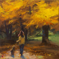 Stroll with Furry Friend by William Liao at The Avenue Gallery, a contemporary fine art gallery in Victoria, BC, Canada.