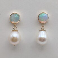 Opal and Pearl Earrings by Val Nunns at The Avenue Gallery, a contemporary fine art Gallery in Victoria, BC, Canada.