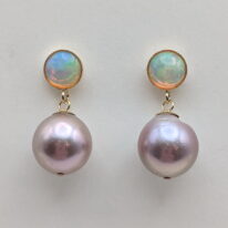 Opal and Pearl Earrings by Val Nunns at The Avenue Gallery, a contemporary fine art Gallery in Victoria, BC, Canada.